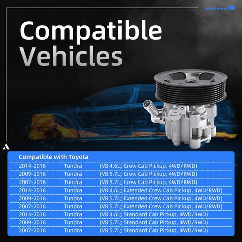 Power Steering Pump With Pulley For Toyota Tundra 2014-2016 Gas And 2007-2016 Flex Gas Replacement Part 21-5486 compatibility list