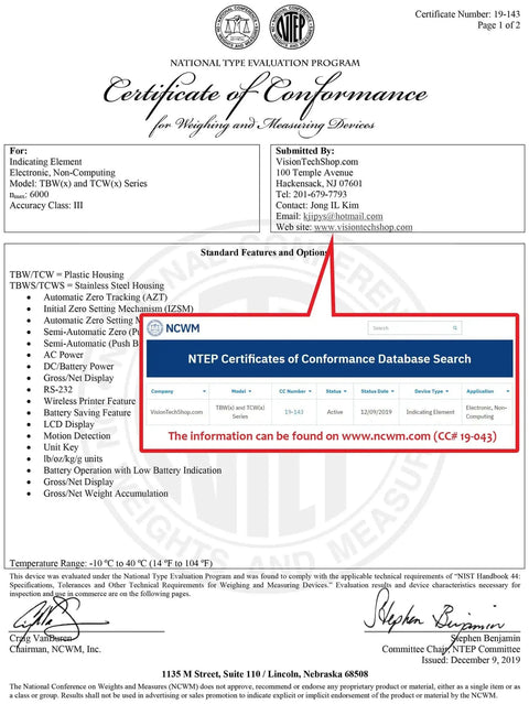 NTEP Certificate of Conformance for TBW 200 Bench Scale For Warehouse And Shipping With Lb Kg Switchable 200lb Capacity 0.05lb Readability