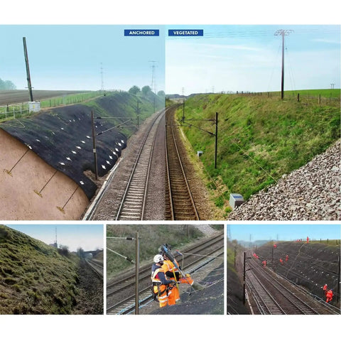 Railway embankment with anchored and vegetated stabilization, showing workers installing soil stabilization system.