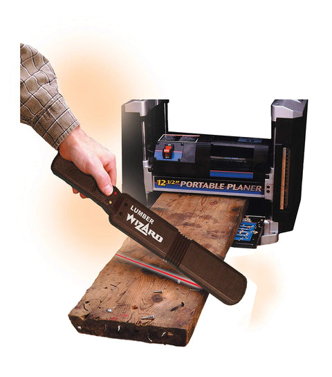 Metal Detector For Woodworking With Laser Alignment And One Button Scan No Calibration Needed Finds Hidden Nails Screws Staples Wire And Metal Fragments Before Damaging Planers Jointer And Saws Keeps Blades Safe And Prevents Shop Injuries shown scanning wood near portable planer.