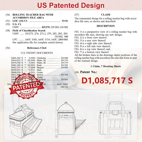 US patent document for Rolling Teacher Bag With Wheels And Detachable Trolley Black featuring diagrams and patent details.
