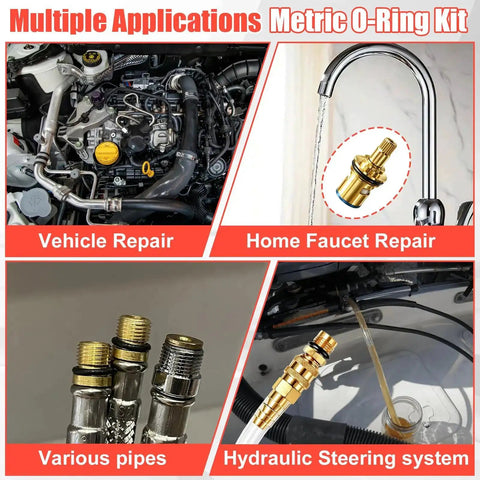 Collage showing applications of metric O-ring kit for vehicle, faucet, pipes, and hydraulic steering repairs.