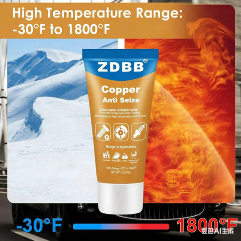 Copper Anti Seize Thread Lubricant For High Temp Automotive And Marine Use With Brush Gearhead Approved Prevents Seizing And Reduces Friction On Spark Plugs, Brake Pads, Rotors, Nuts And Exhaust Hardware, Easy Disassembly In Hot Conditions 1 Oz tube with temperature range background.