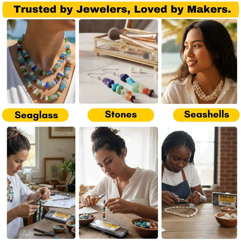 Women crafting jewelry with colorful seaglass, stones, and seashells. Various materials and tools on a table. Trusted by Jewelers, Loved by Makers.