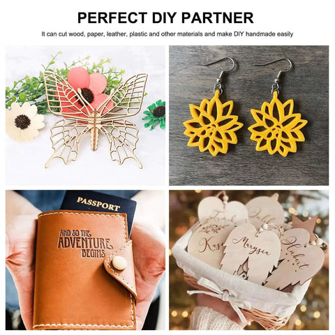 Collage showcasing DIY crafting projects including a butterfly decoration, earrings, leather passport holder, and decorative tags.