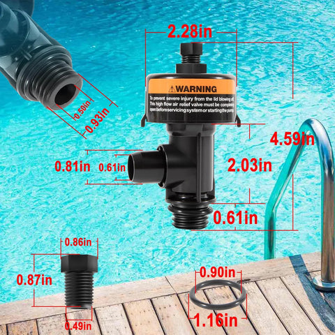 High-flow manual air relief valve, black plastic with orange warning label, for pool/spa filters CCP100–CCP520.