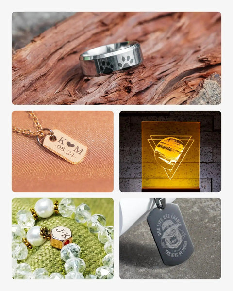 Jewelry items engraved with a Pro Grade 1064nm Infrared Laser Module for Engraving on Metal Plastic and Acrylic by xTool
