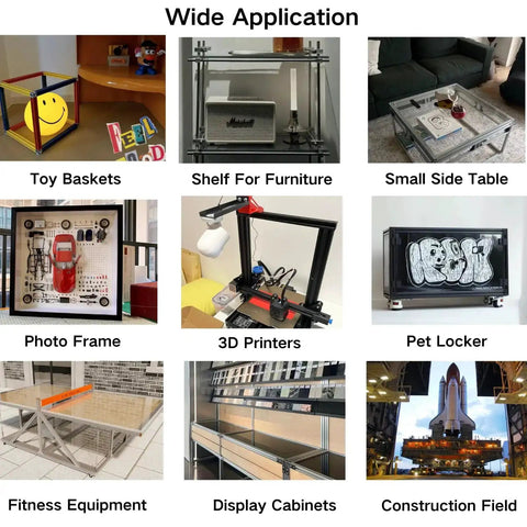Collage showing various applications using 48 Inch T Slot 2020 Aluminum Extrusion Profile for 3D Printer and CNC DIY