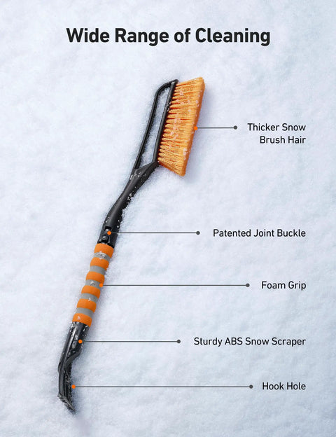 27 Inch Snow Brush With Detachable Ice Scraper And Ergonomic Foam Grip For Cars Trucks And SUVs Heavy Duty ABS PVC Bristle Brush Orange shown from side with features labeled.