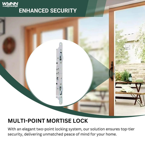 Close-up of Eleven And Three Quarters Inch Multi Point Mortise Lock With Face Plate For Sliding Patio Glass Door Dual Point Lock Set Replacement Anti Slam Button Stainless Steel Handle Not Included next to patio door.