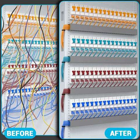 Before and after use of Open Slot Wire Duct Kit for Desk and Server Racks, showing organized cable management in 8-channel grey raceways.