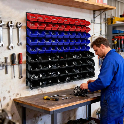 Wall Mounted Garage Storage Bin Kit 94 Piece Organization System with labeled bins on wall above workbench in use.