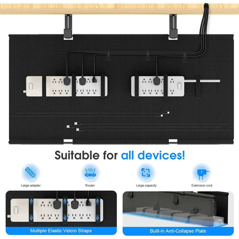 40 Inch Under Desk Cable Management Tray No Drill Cord Organizer with power bricks and cords, black, under desk installation