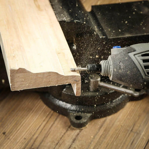 Using 10 Piece High Speed Steel HSS Router Bits Set With 1 8th Inch Shank 3mm in rotary tool on wood for engraving and carving.
