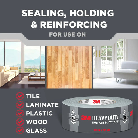 White heavy-duty duct tape 1.88 in x 45 yd, 1 roll, showing multi-surface use for tile, laminate, plastic, wood, glass sealing and holding.