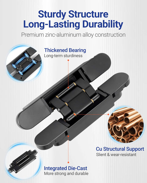 Hidden Door Hinges 6x2.5x1 Inch Zinc Alloy Concealed Hinge Set Black Heavy Duty 3 Way Adjustable Silent 180 Degree Swing for Doors Over 35mm Thick Invisible Butt Hinges Pack of 2