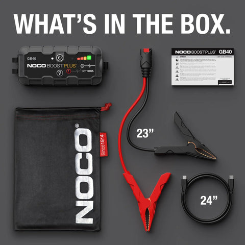 1000 Amp UltraSafe Jump Starter Lifesaver With Power Bank And Cables For 6L Gas And 3L Diesel Engines Portable 12V Lithium Booster NOCO Boost GB40 components including jump starter, cables, and storage pouch.
