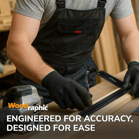 Man using Premium 8 Inch Aluminum Carpenter Square For Pro Level Right Angle Marking And Framing Layout In Woodworking With Machinist Grade Accuracy And Durable Lightweight Construction Woodraphic