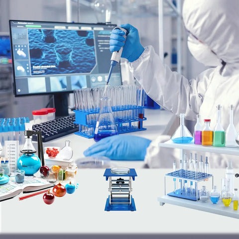 Lab technician working with pipette in research lab, featuring 2 Pack Lab Jack Stands 4x4in Aluminum Lifting Platform 5kg Capacity
