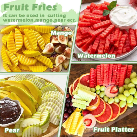 Assorted fruit cuts using Crinkle Cut Knife For Veggies And Fries With Ergonomic Handle Stainless Steel Veggie Cutter on a platter.