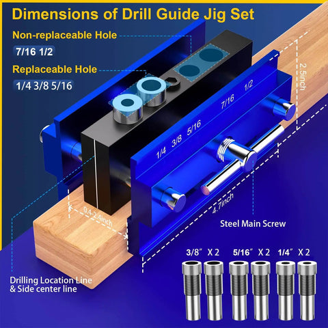 Steady Self Centering Dowel Jig Kit For Straight Holes And Biscuit Joinery Adjustable Width Drilling Guide For Power Tools Includes 6 Steel Bushings Pro Grade Woodworking Jig For Precise Holes