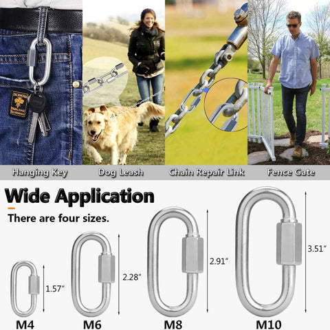 304 Stainless Steel Quick Link D Shape Locking Carabiner used for keys, dog leash, chain repair, and fence gate shown in various sizes.