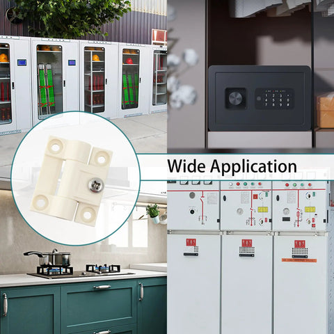 Adjustable Torque Position Control Cabinet Hinges 43x36mm White Plastic, 2 Pack With 8 Screws, 16mm Screw Length, shown in various settings