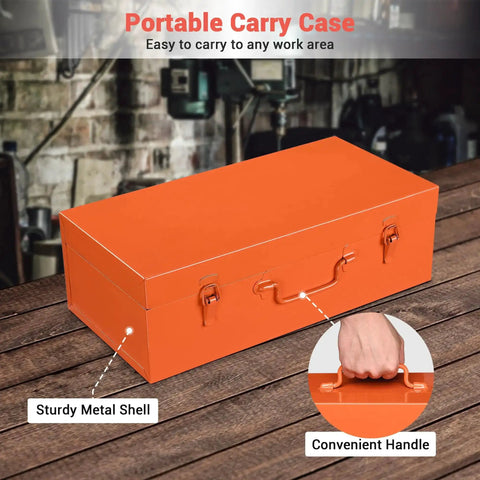 Portable metal case for Hydraulic Knockout Punch Set with handle, shown on workbench, used for easy transport and storage.