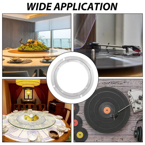 Two Pack 8 Inch Aluminum Lazy Susan Turntable Bearings Built To Last Heavy Duty Swivel Plate Hardware For Dining Tables All Metal Rotating Turntable Bearings Rust Resistant Durable For Wood Glass Marble Surfaces shown installed in dining setup and turntable applications.