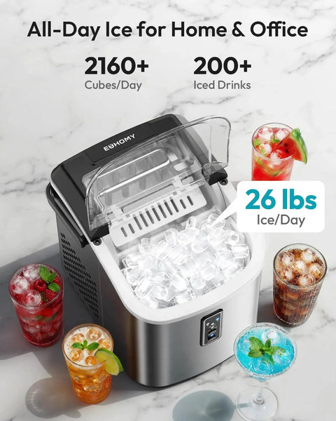Countertop Ice Maker 9 Cubes In 6 Minutes Portable Self Cleaning Two Ice Sizes showing ice production and drinks.