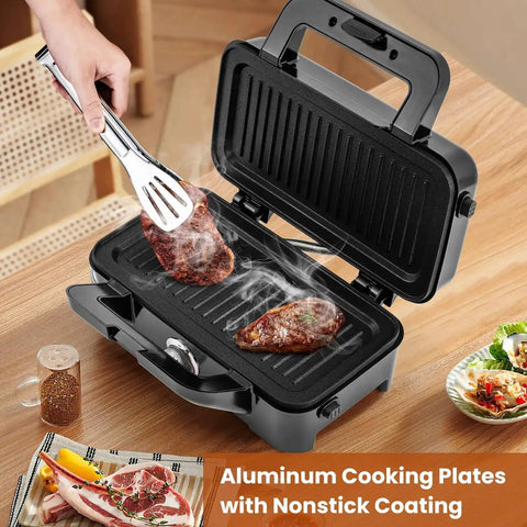 Cooking meat on the 3 In 1 Sandwich Maker Waffle Maker With Removable Plates And Panini Press, 1200W, nonstick coating visible