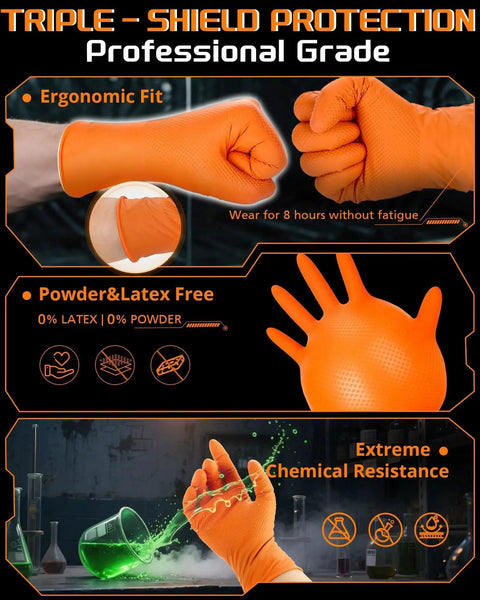 9 Mil Heavy Duty Orange Nitrile Gloves With Raised Diamond Grip Latex Free showing ergonomic fit and chemical resistance