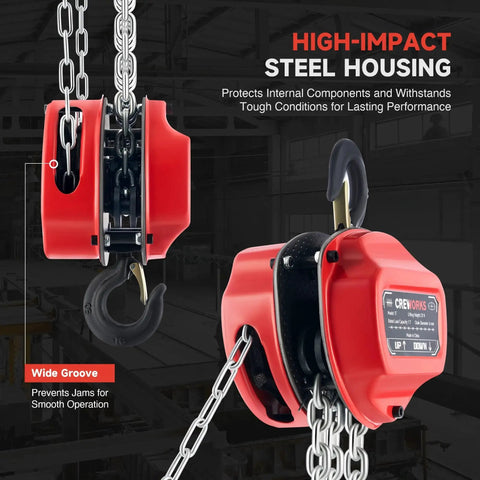 Side and close-up view of 1 Ton Hand Chain Hoist With 20 Ft Lift G80 Chain And Double Guide Wheels, red steel housing.