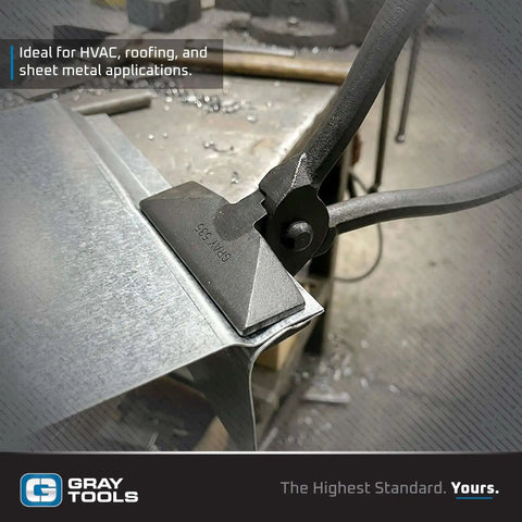 Hand Seamer Pliers For HVAC, Roofing And Sheet Metal Work, Heavy-Duty in use on metal sheet, 3-1/2 inch jaw at job site
