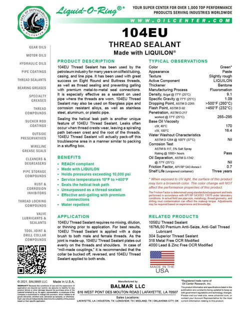 Product label of 104EU Big Ol Thread Sealant For Large Threaded Connections Safe On Plastic And Metal High Pressure Water Repellent Sealant Made In The USA 5 Oz Brush Top Can.
