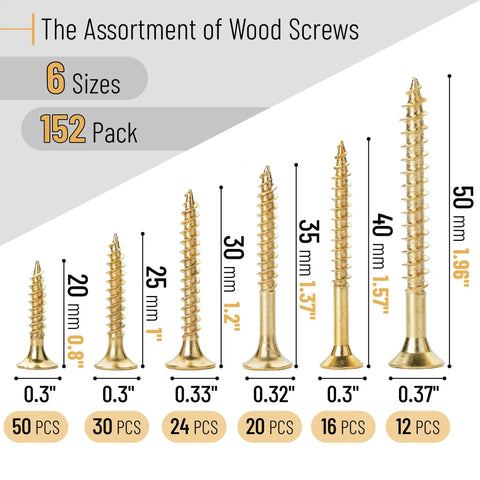 Gold Galvanized Wood Screws Set With Phillips Drive, 152-Piece Assortment For DIY Projects, 6 Lengths From 1/2 Inch To 2 Inches