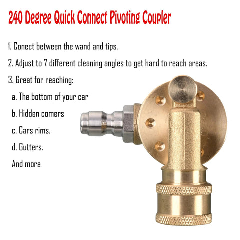 Amazon Tool Daily pivoting coupler for pressure washer tips, 1/4 in QD, brass gutter cleaner attachment, 240-degree
