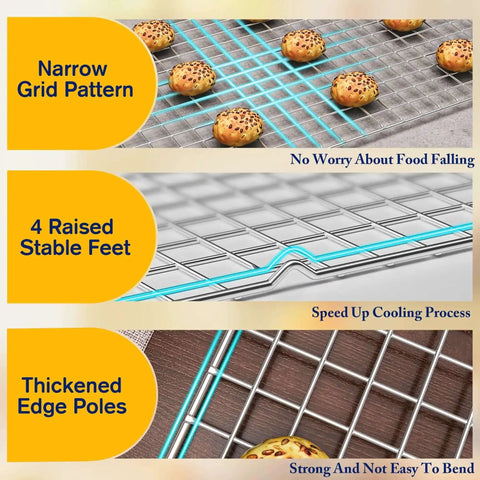 2 Pack Heavy Duty Stainless Steel Cooling Racks For Cooking And Baking, 10x15 Inch Wire Rack Set with narrow grid pattern and raised feet