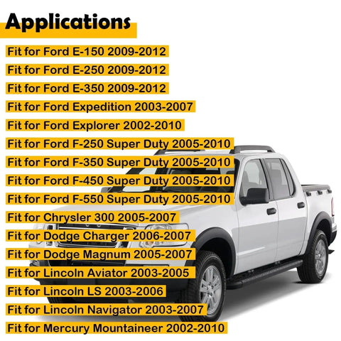 Brake fluid pressure sensor compatibility chart on white pickup, listing Ford F-250/350/450/550 and other models.