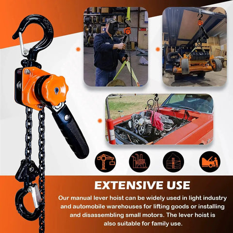 Mini Lever Chain Hoist One Quarter Ton 10 Foot Ratchet Chain Puller With Hooks in use, lifting motor from car, safety latch visible.