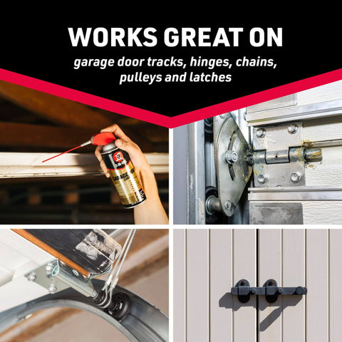 Garage Door Lubricant With Smart Straw Sprays Two Ways, 11 Oz, 6 Pack shown sprayed on hinges, tracks, and chains