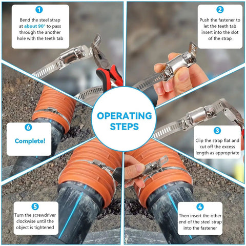 DIY 33Ft 304 Stainless Steel Hose Clamp Kit installation steps with adjustable worm gear clamps on pipes