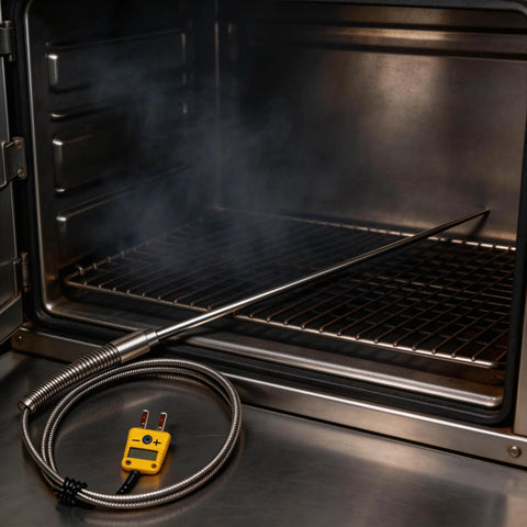 K-type thermocouple probe, 6in long with 0.06in thin tip and 40in braided cable, yellow readout module in oven.