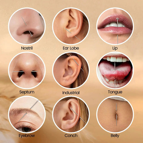 Piercing Taper Grabber Reacher Tool Set For Flat Back Earrings Applicator 14G 16G 18G 20G shown in various piercings.