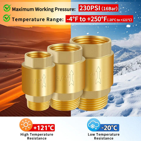 Three brass inline spring check valves; 1/2 in, 3/4 in, and 1 in NPT fittings for water backflow prevention.