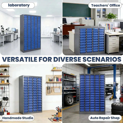 Boss Level Heavy Duty 100 Drawer Nut And Bolt Organizer Cabinet with Stainless Steel Build in various workshop environments.