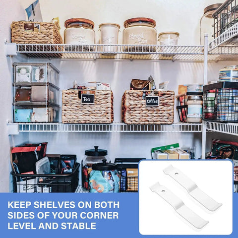 Closet with organized shelves using Heavy Duty White Wire Shelf Corner Brackets Replacement For Adjustable Ventilated Wire Shelving Corner Support For Easy Closet Organization 2 Pack For Home Use