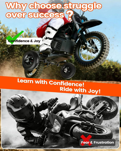 Universal Dirt Bike Training Wheels Kit For 49cc And 50cc Kids Dirt Bikes Built Tough Kid Friendly Adjustable Heavy Duty Durable Support Fits MX125 MX350 MX400 PW50 TTR50 XR50 CRF50 And More on a child's dirt bike in an outdoor setting.