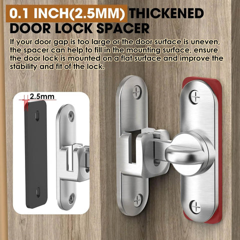 90 And 180 Degree Barn Door Lock And Latch In Zinc Alloy With Rust Proof Coating For Cabinet Bathroom Garage Wooden Fence Pet Gate And Shed Sliding Flip Lock Hardware Includes A Two And A Half Millimeter Spacer 2 Pack, close-up view with spacer on wooden surface.