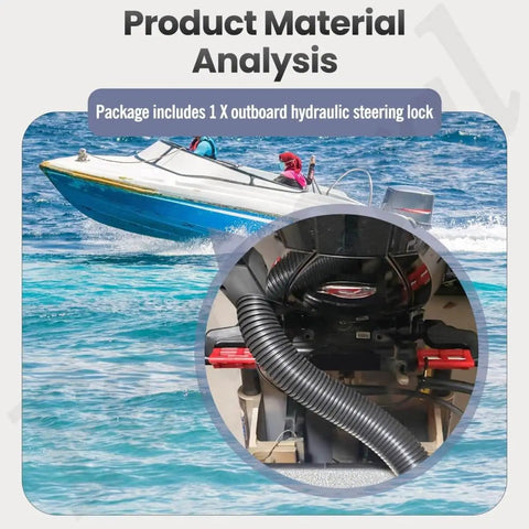Red Hydraulic Steering Lock For Outboard Motors, Secure Tow Ready Transom Saver installed on outboard motor for safety during transport.